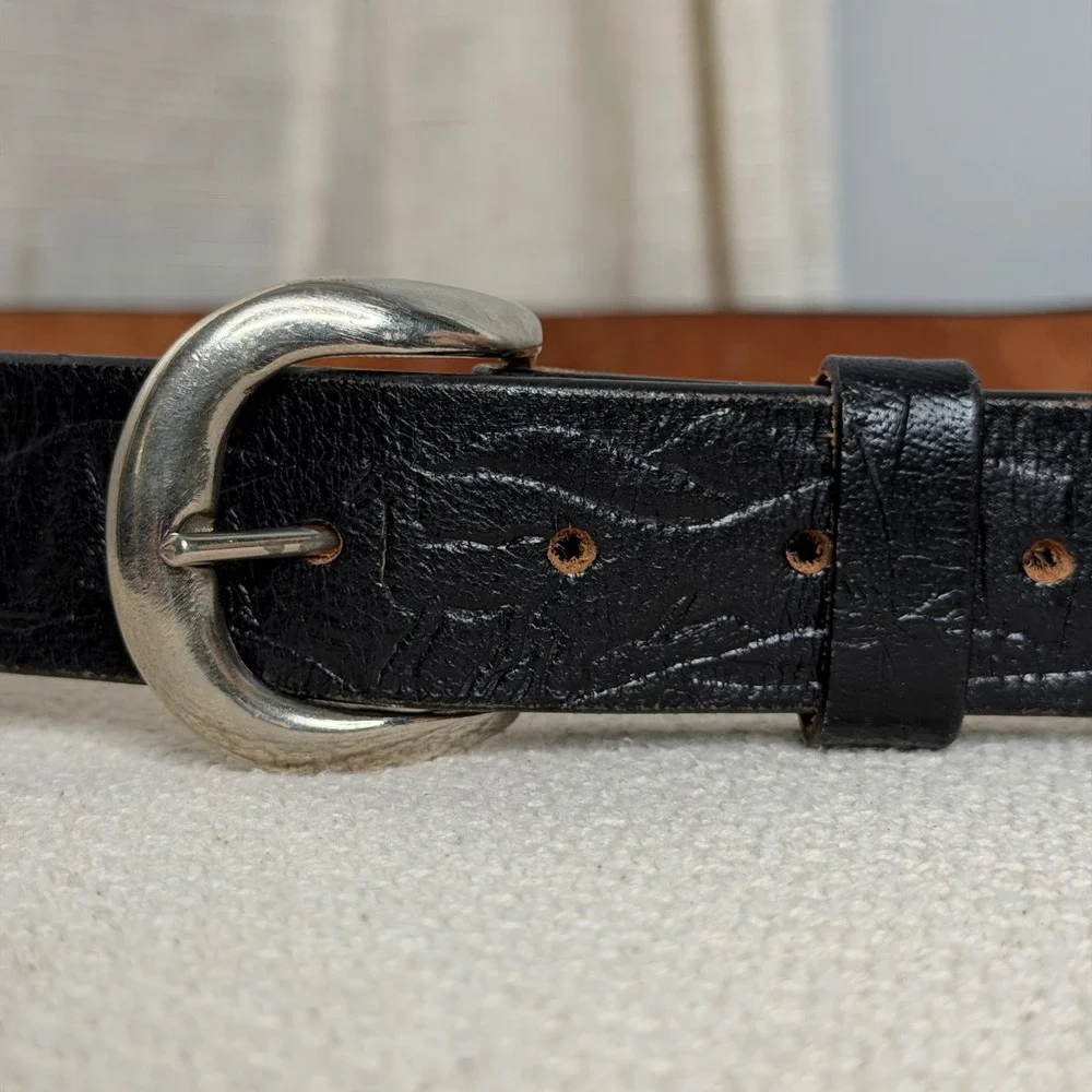 Vintage C.L.‎ Leather Belt Embossed Cabin Deer Mountain Black Tooled Men's 48